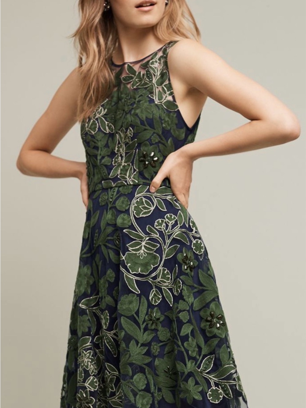 Anthropologie Sleeveless Navy and Green Floral Embroidered Dress